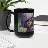 Close-up of Ocean Serenity Beyond Style Black Glossy Mug handle and pattern.